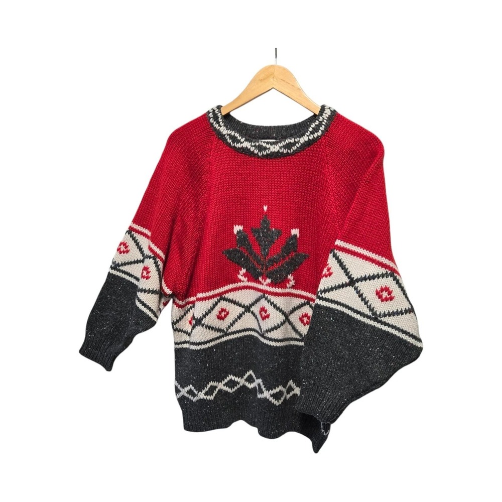 Vintage Fair Isle Sweater Red‎ White Gray Oversized Snowflake LARGE FaBE